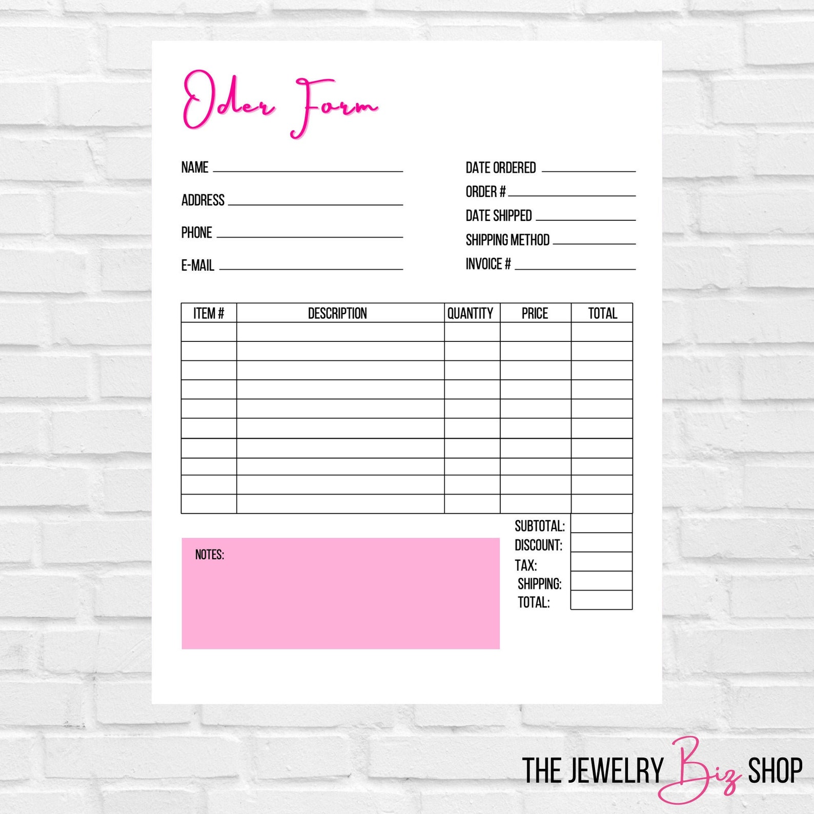 Jewelry Business Order Form Print Sales Invoice PDF Jewelry Order Sheet Jewelry Sales Consultant