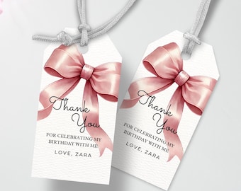 Etiquetas de lembrancinhas de laço rosa para impressão, etiquetas de lembrancinhas de 1º aniversário com laço rosa, etiquetas de presente com laço rosa, etiquetas de agradecimento, etiquetas de laço de 1º aniversário para meninas para impressão 9001