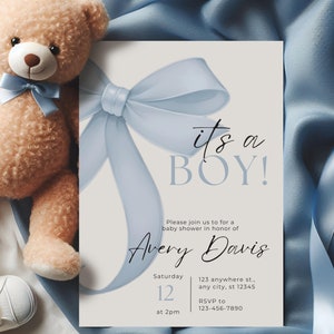 Blue Bow Baby Shower Invitation Template Printable, Baby Boy, Blue Coquette Baby Shower Invite, Baby Shower Invitation Boy Coquette Bow