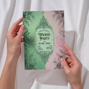 Wicked Party Einladung zum Geburtstag bearbeitbar Invite Pink und Grün WICKED inspirierte Kinokarte Elphaba & Glinda Thema Canva Vorlage