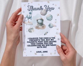 Editable Outer Space Birthday Thank You Card Space Astronaut To the Moon Galaxy Thank You Note Digital Download Template Printable 1001