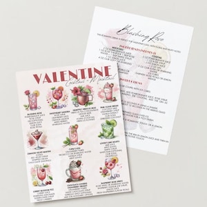 Afdrukbare Valentijnscocktails en mocktailslijst | DIY babyshower barwagen recept thuisbarman alcoholvrije feestdrankjes roze rood Galentine