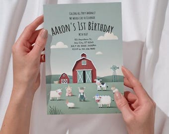 Editable Farm Animals Birthday Invitation Boy Farm Barnyard First Birthday Party Animals Confetti Download Canva Template Printable
