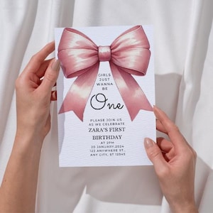 Girls Just Wanna Be One Invite, 1st Birthday Girl, Decor Bow Girls First invitation Party for 1st Bday, Vintage Cake Retro Preppy Pink fun