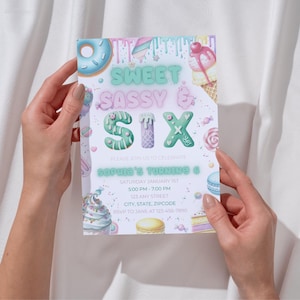 Sweet Sassy and SIX, 6th Girl Birthday Invitation, cotton candy sweets donut ice cream cupcake, Canva