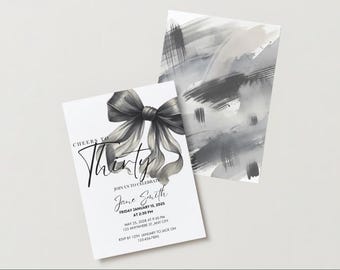 Coquette Black Bow 30th Invitation | Editable Thirtieth Birthday Party Invite | DIY Digital Black Ribbon | Cheers to Thirty Invite