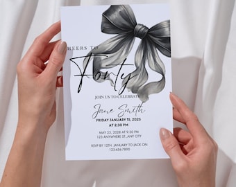 Coquette Black Bow 40th Invitation | Editable Fortieth Birthday Party Invite | DIY Digital Black Ribbon | Cheers to Forty Invite