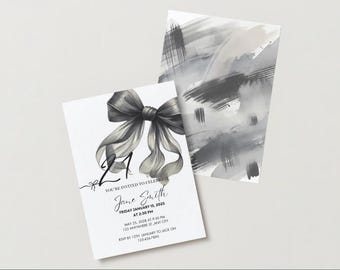 Invitación minimalista para el 21.° cumpleaños / Diseño elegante en blanco y negro / Invitación coqueta con lazo negro / Descarga instantánea / Lazo negro digital