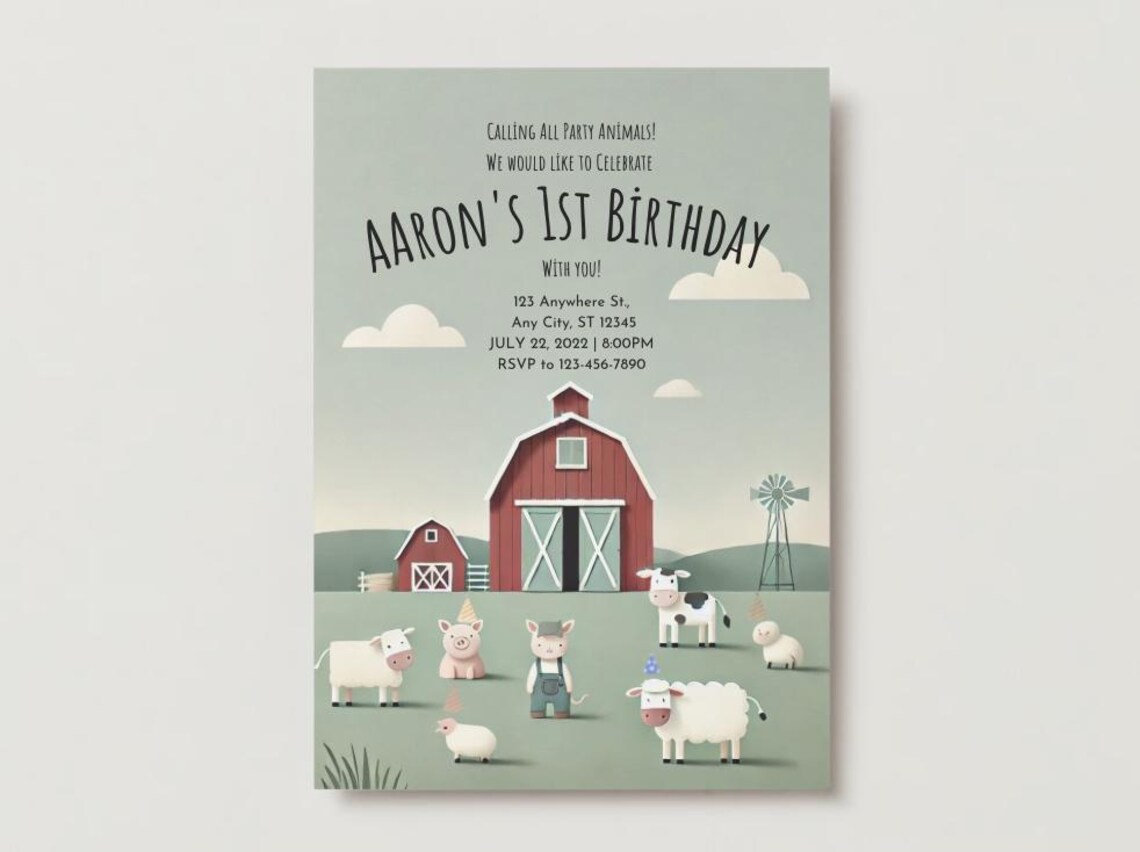 Editable Farm Animals Birthday Invitation Boy Farm Barnyard First ...