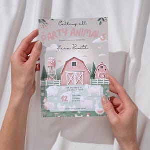 Editable Farm Birthday Invitation Girl Farm Animals Pink Barnyard Party Modern Pastel Download Printable Invite Template Digital Canva
