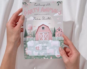 Editable Farm Birthday Invitation Girl Farm Animals Pink Barnyard Party Modern Pastel Download Printable Invite Template Digital Canva