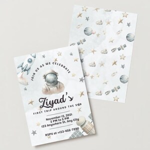 Editable Outer Space First Birthday Invitation Galaxy Blast Off First Trip Around the Sun Download Printable Template Digital Canva 1001