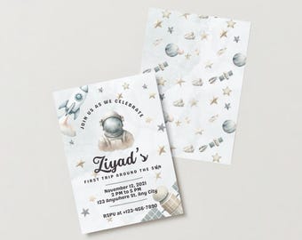 Editable Outer Space First Birthday Invitation Galaxy Blast Off First Trip Around the Sun Download Printable Template Digital Canva 1001