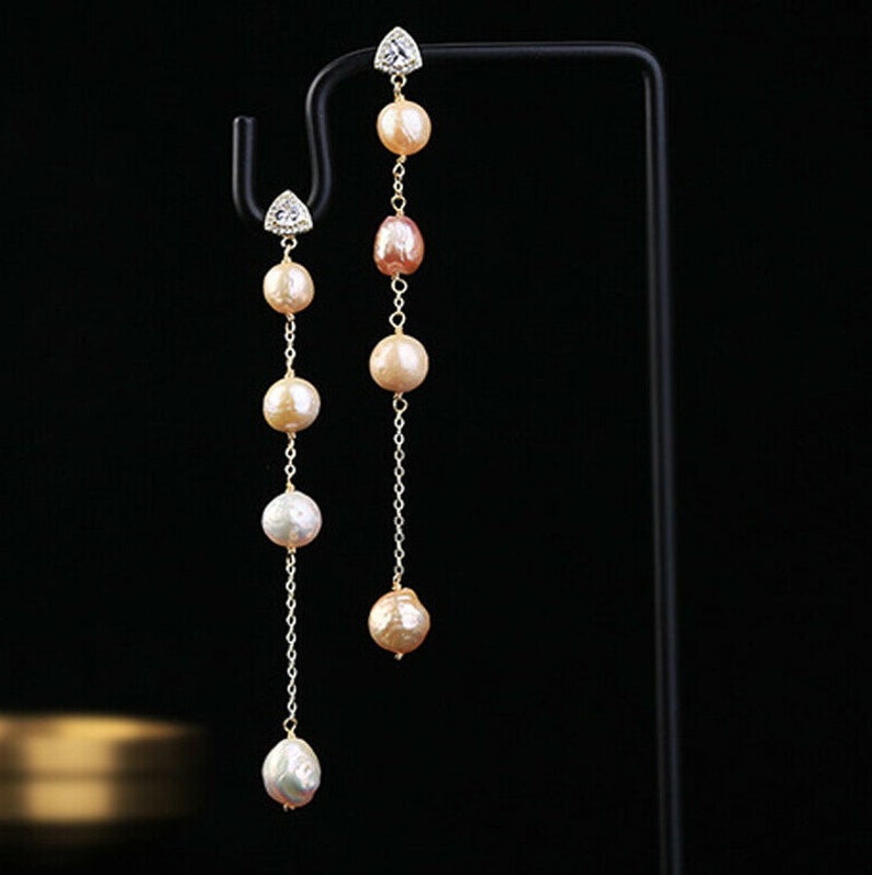 Pink Freshwater Pearls Long Tassel Drop Dangle Crystal Earrings Women Jewelry Gifts