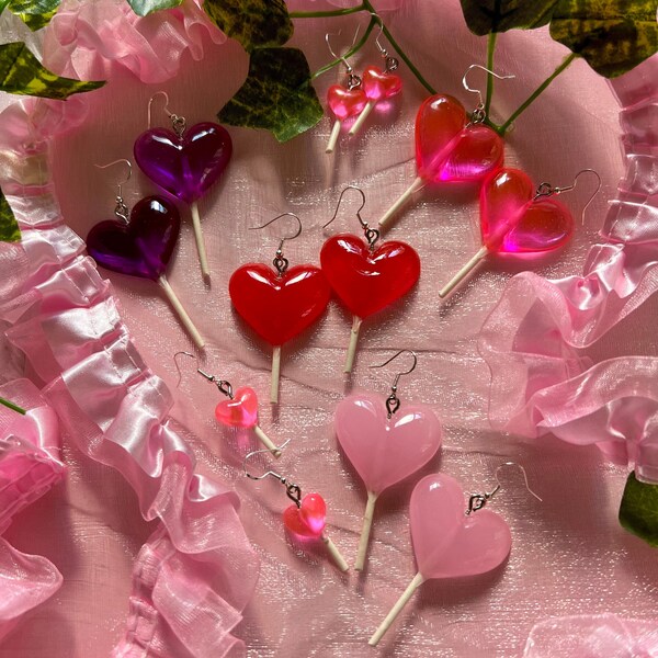 Valentine’s Day Candy Heart Lollipop Earrings | HANDMADE Love Cute Accessory Sucker Holiday Dessert Cupid Sweetheart Treats Gift