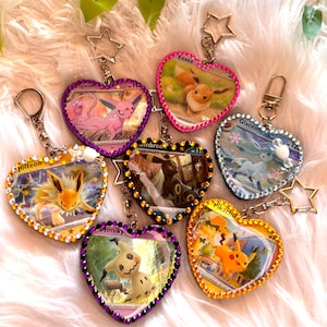 Assorted Poke Heart Keychains | HANDMADE Variety Pocket Monster Kawaii Anime Manga Nerdy Gamer Girls Boys Evolution TCG Keyring Gift