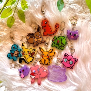 Assorted Poke Keychains | HANDMADE Variety Pocket Monster Kawaii Anime Manga Nerdy Gamer Girls Boys Evolution TCG Keyring Gift