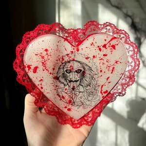 Blood Splatter Horror Movie Red Lace Wall-Hanging | HANDMADE Scary Cult Classic Dark Aesthetic Home Decor Gift