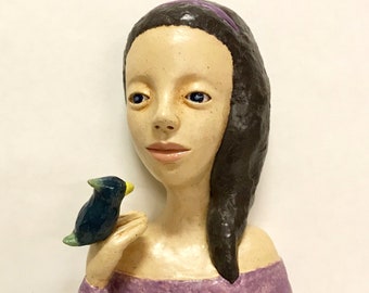 Wallhanging Ceramic Sculpture - Lady with a Little Bird