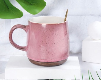 Large Pottery Coffee Mug ,21OZ, Pink Spots Big Tea Cup for Office and Home, Dishwasher and Microwave Safe