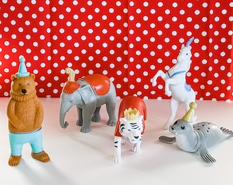 Circus Animals w/ Party Hats Plastic Toy Birthday Decorations Cake Topper Carnival