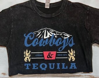 Cowboys & Tequila Womens Crop Top Western Graphic Tee Rodeo Shirt Country Concert Outfit