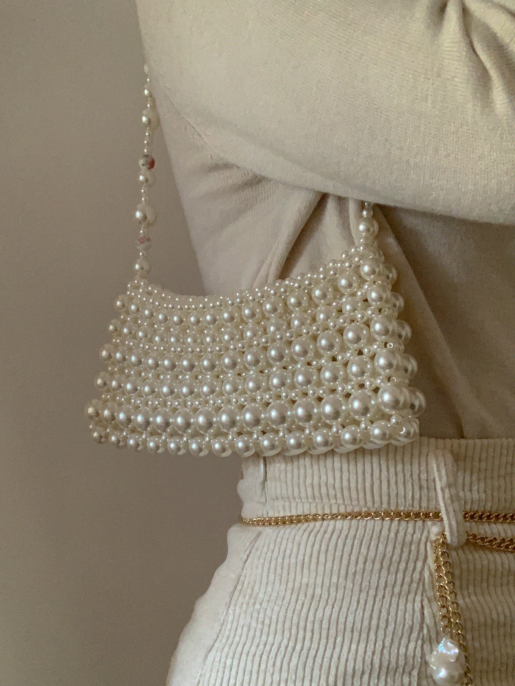 Pearl Bag | Purse in White | Small Imitation Faux Pearl Beaded Handbag | Bead Baroque Pearls | Evening Cocktail Party Bag | Womens Minimal