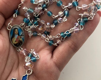 Saint Theresa “the little flower of Jesus” blue and pink beaded rosary