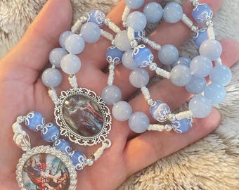 St. Michael the Archangel Chaplet | Blue Angelite Real Gemstone Catholic Prayer Beads | Devotional Gift | Religious Rosary | Handmade