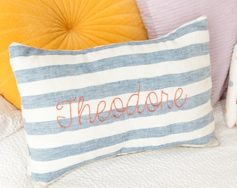 Embroidered Striped Linen Name Pillow | Personalized Baby Shower Gift