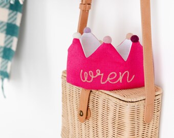 Personalized and adjustable berry pink linen kids birthday crown | includes keepsake bag for storing and gifting