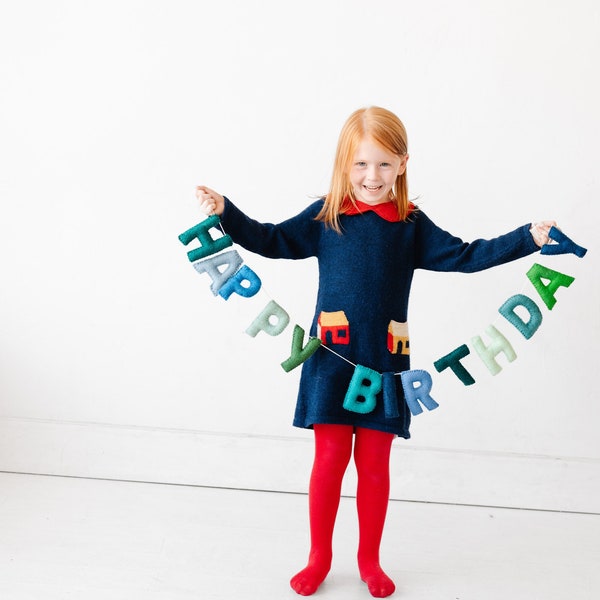 Handmade Boy Birthday Felt Garland in Blue and Green **Ready to ship**