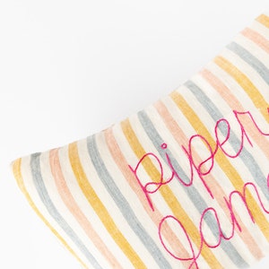 Embroidered Striped Linen Name Pillow Personalized Baby Shower Gift image 2