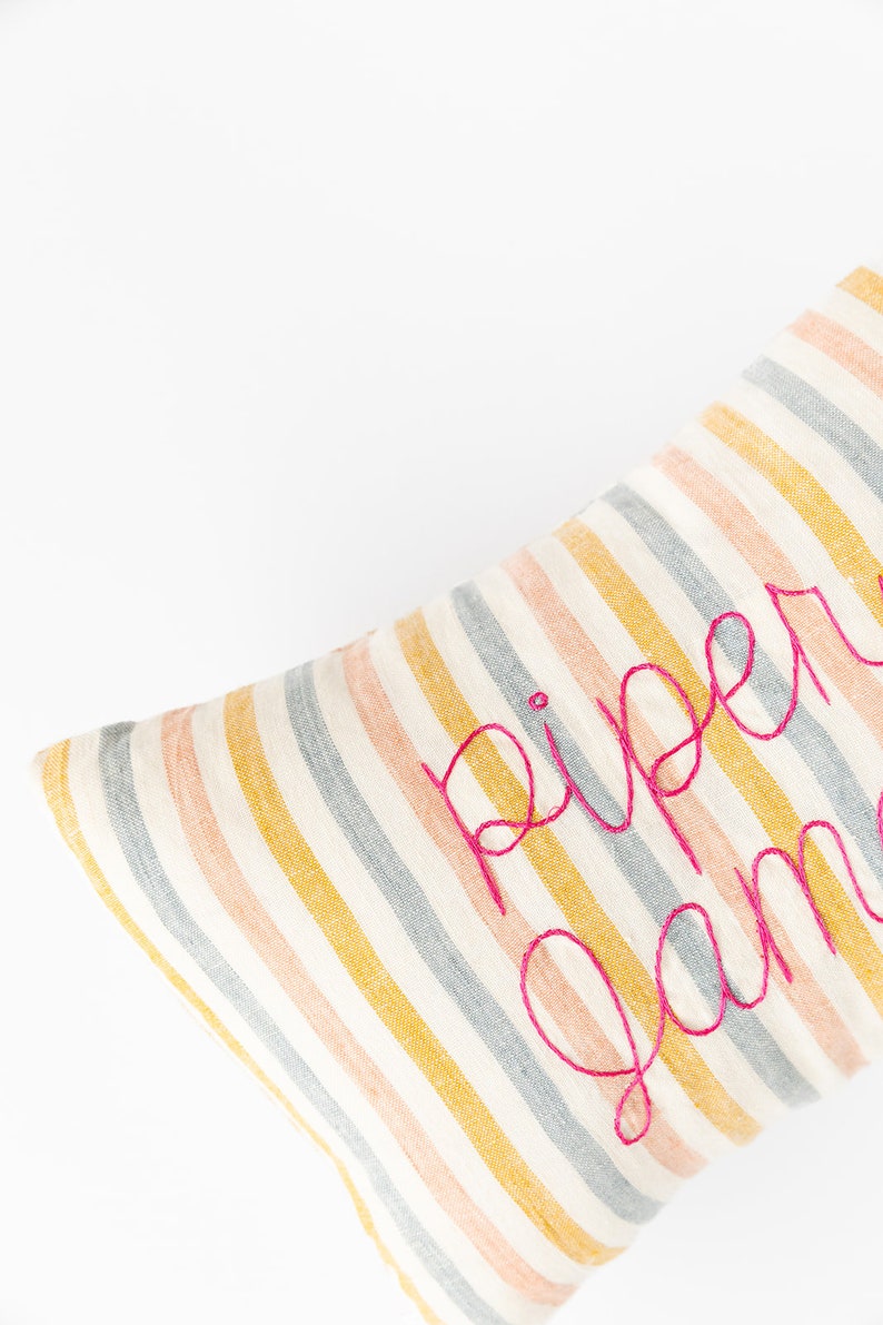 Embroidered Striped Linen Name Pillow Personalized Baby Shower Gift image 2