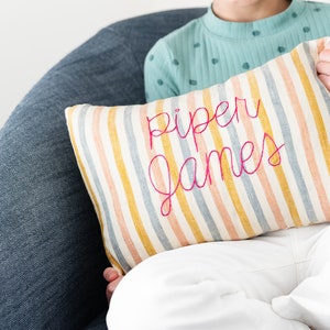 Embroidered Striped Linen Name Pillow Personalized Baby Shower Gift image 1