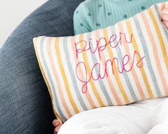 Embroidered Striped Linen Name Pillow | Personalized Baby Shower Gift