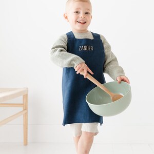 Crossback Linen Apron for Children Navy Blue Apron Embroidered Kids Apron Gifts for Kids zdjęcie 3