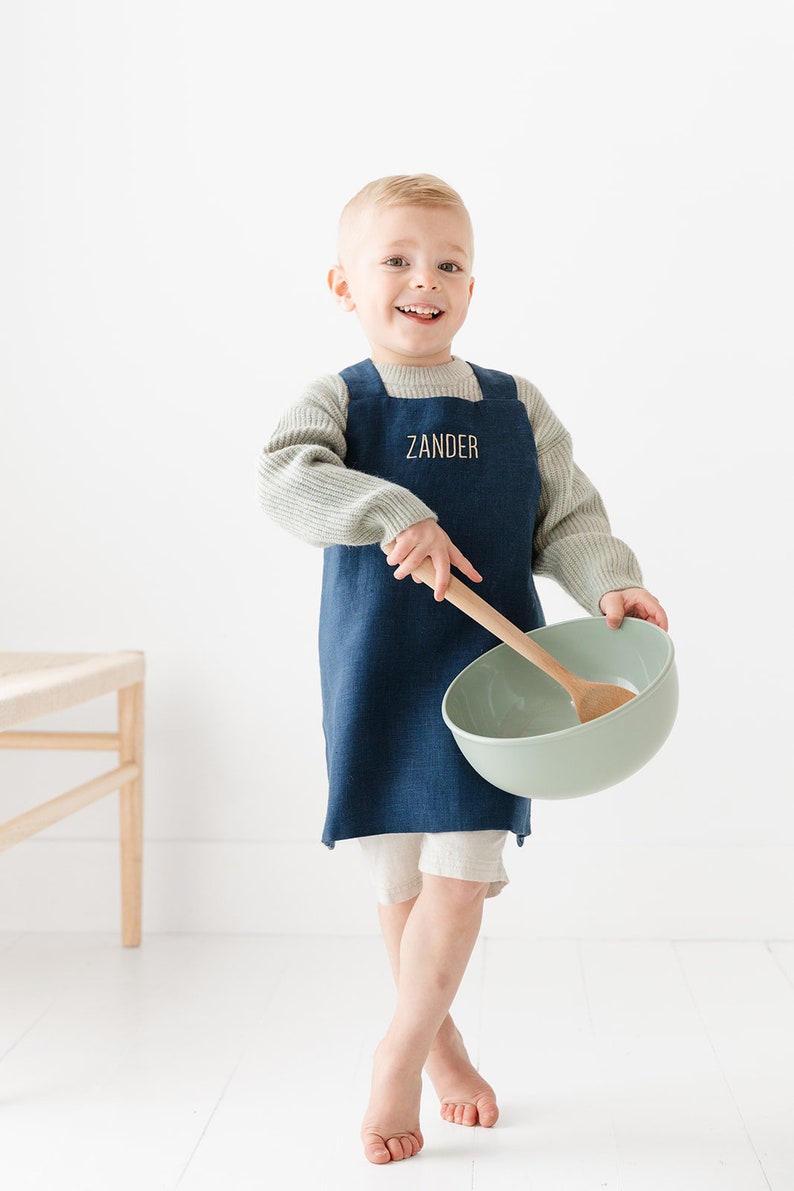 Crossback Linen Apron for Children Navy Blue Apron Embroidered Kids Apron Gifts for Kids image 3