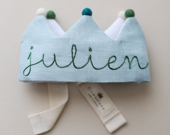 Personalized Handmade Kids and Baby's First Birthday Crown in Mint Linen with Pom Poms