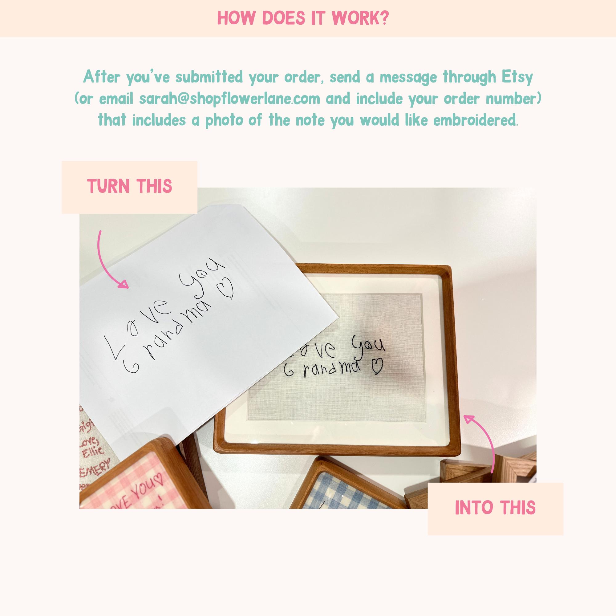 Note Framed NEW! Custom Handwritten Embroidered Note | Framed Custom Stitched Note ...