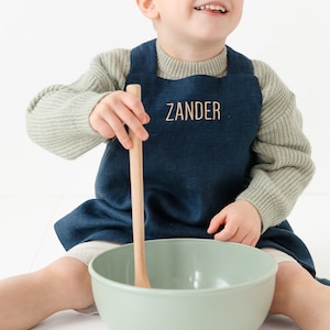 Crossback Linen Apron for Children Navy Blue Apron Embroidered Kids Apron Gifts for Kids zdjęcie 1