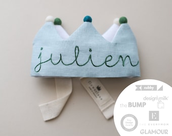 Personalized Handmade Kids and Baby's First Birthday Crown in Mint Linen with Pom Poms