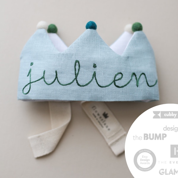 Personalized Handmade Kids and Baby's First Birthday Crown in Mint Linen with Pom Poms