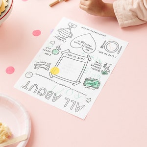 May include: A printable worksheet with a 'All About Me' theme. The worksheet features a heart, a house, a beehive, and a money bill. The worksheet is designed for children to fill in information about themselves.
