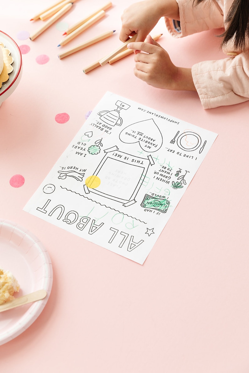 May include: A printable worksheet with a 'All About Me' theme. The worksheet features a heart, a house, a beehive, and a money bill. The worksheet is designed for children to fill in information about themselves.