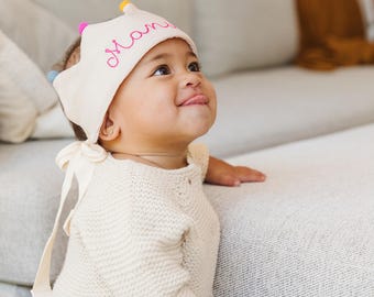 The Original Birthday Crown by Flower Lane™ | Personalized Birthday Crown with your Child's Name in beige | Keepsake and Gift for Children