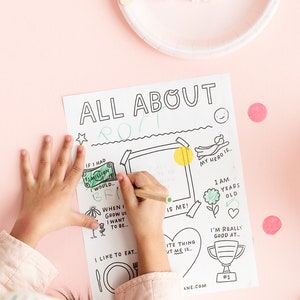 May include: A printable "All About Me" worksheet for kids with a blank space for a photo, a section for drawing a superhero, and prompts like "If I had $1 million I would...", "When I grow up I want to be...", "My favorite thing about me is...", and "I'm really good at..."