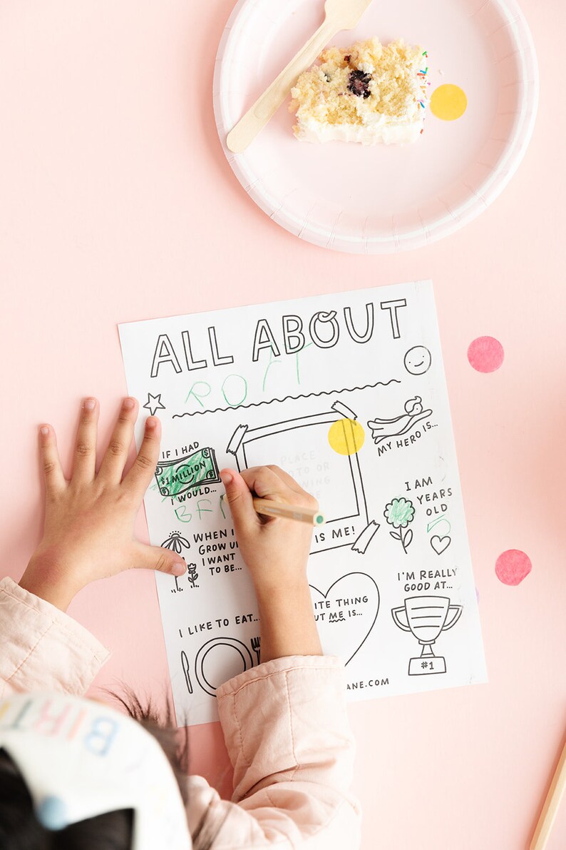 May include: A printable "All About Me" worksheet for kids with a blank space for a photo, a section for drawing a superhero, and prompts like "If I had $1 million I would...", "When I grow up I want to be...", "My favorite thing about me is...", and "I'm really good at..."