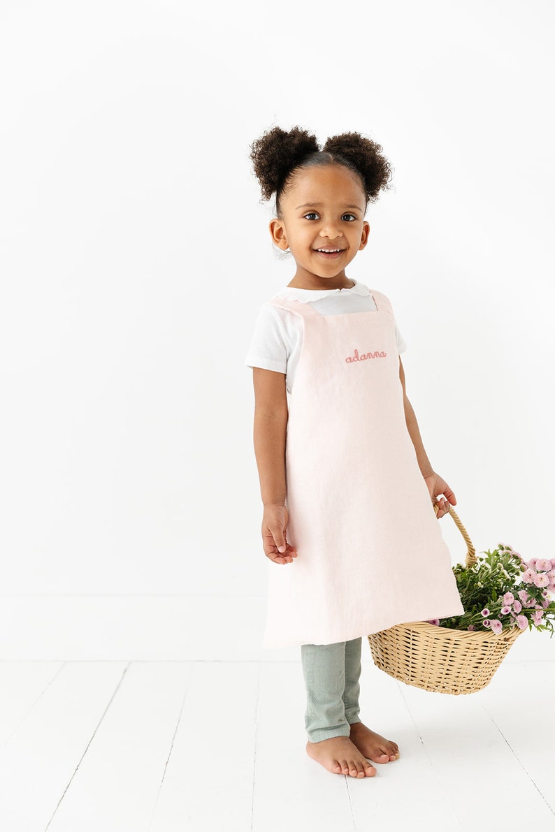 Crossback Linen Apron for Children Light Pink Apron Embroidered Kids Apron Gifts for Kids image 1