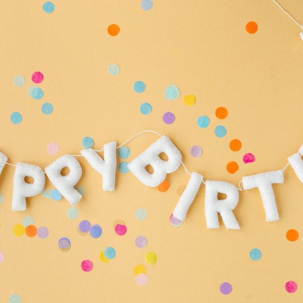 Off White Happy Birthday Felt Garland Banner | Includes Hang Kit and Bag